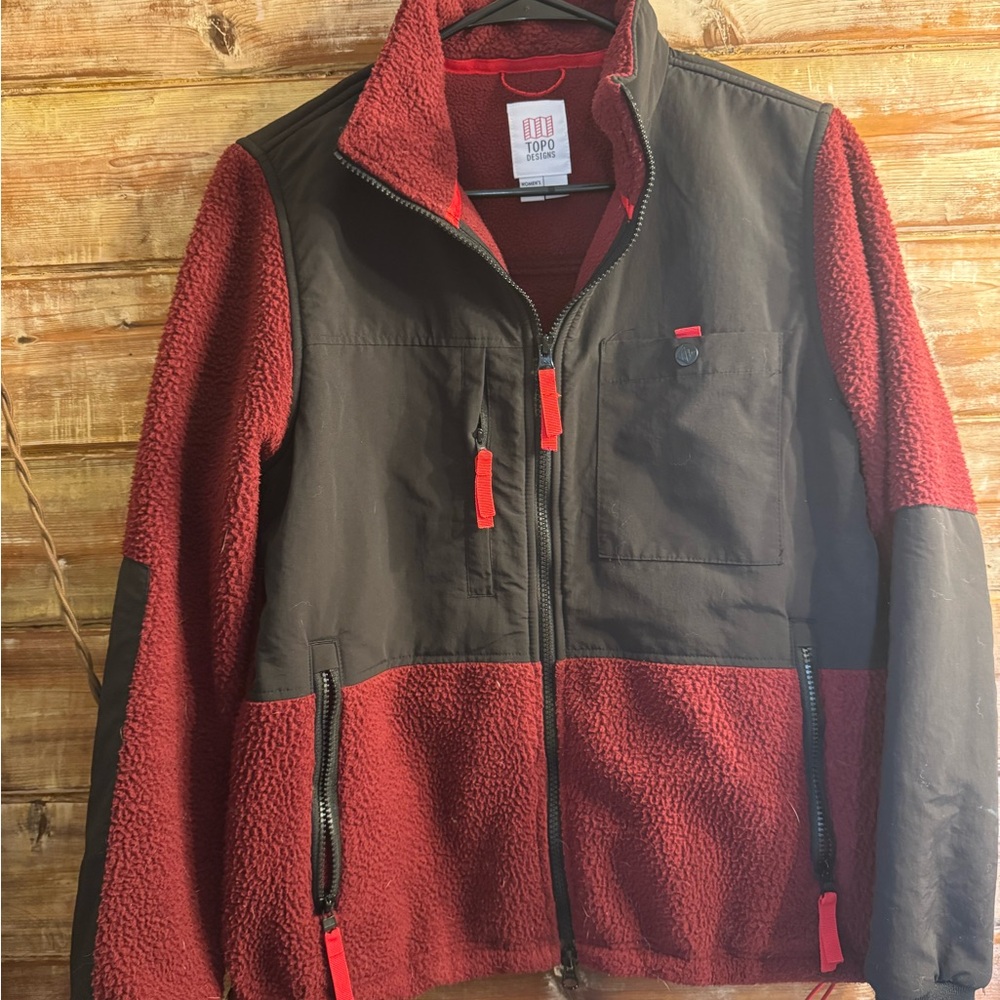 Topo Designs Red and Black Fleece Jacket